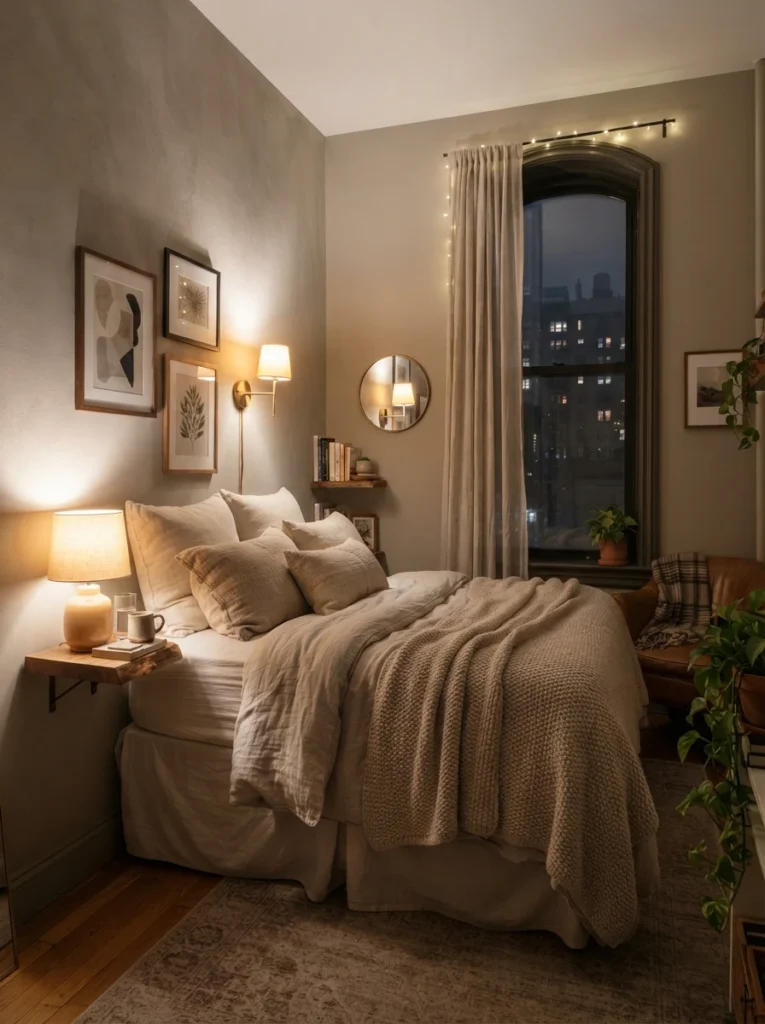 Tiny luxurious bedroom with layered warm lighting and soft ambient shadows, cozy neutral bedding, realistic apartment atmosphere, Pinterest-style ultra realistic interior photography
