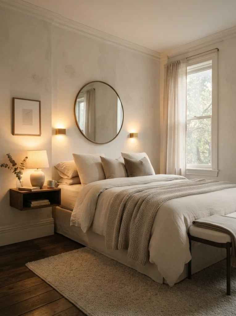 Ultra realistic luxurious small bedroom focused on emotional calm, warm layered lighting, cozy neutral textures, uncluttered elegant atmosphere, Pinterest-style interior photography