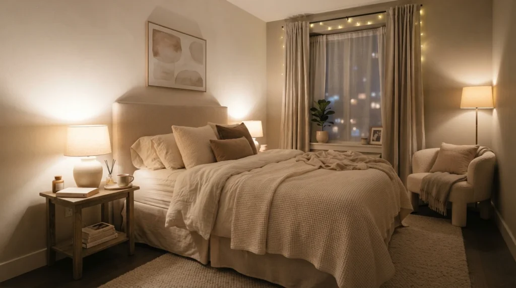 Ultra realistic luxurious small bedroom designed around emotional comfort, warm layered lighting, balanced layout, cozy neutral textures, calming apartment atmosphere