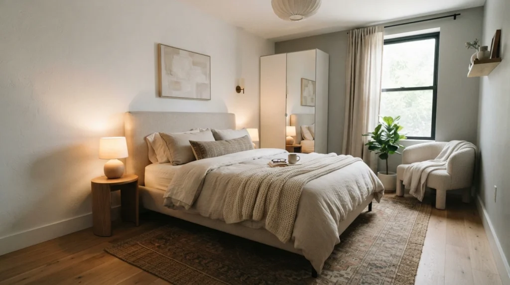 Ultra realistic luxurious small bedroom with bed slightly away from wall, warm layered neutral decor, soft ambient lighting, realistic apartment proportions, calming spacious atmosphere, Pinterest-style interior photography