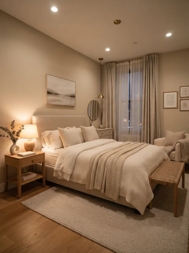 Ultra realistic luxurious small bedroom with emotionally calming atmosphere, warm layered lighting, soft neutral decor, uncluttered elegant styling, realistic compact apartment proportions, Pinterest-worthy photography