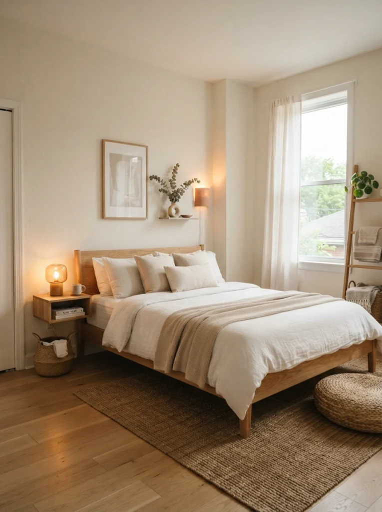 Minimal cozy small bedroom with low-profile bed frame, soft warm lighting, airy apartment atmosphere, neutral textures, realistic compact proportions, calming minimalist decor, Pinterest-worthy ultra realistic interior photography