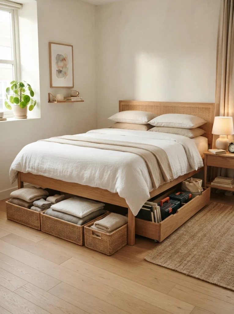 Minimal cozy bedroom with intentionally organized under-bed storage containing useful essentials only, warm calming decor, realistic apartment atmosphere, uncluttered peaceful environment, ultra realistic Pinterest bedroom photography