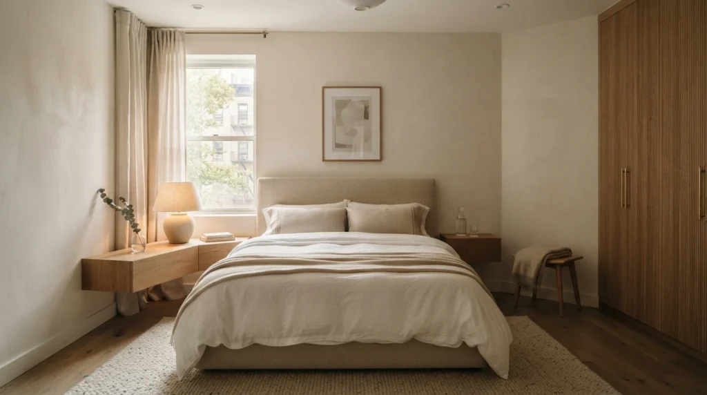 Small luxurious bedroom with open natural light flow and warm sunlight across bedding, realistic apartment layout, calming elegant atmosphere, ultra realistic Pinterest photography