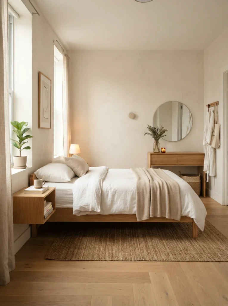 Minimalist apartment bedroom with simplified intentional belongings, warm neutral decor, calm uncluttered atmosphere, realistic compact layout, Pinterest-style ultra realistic photography