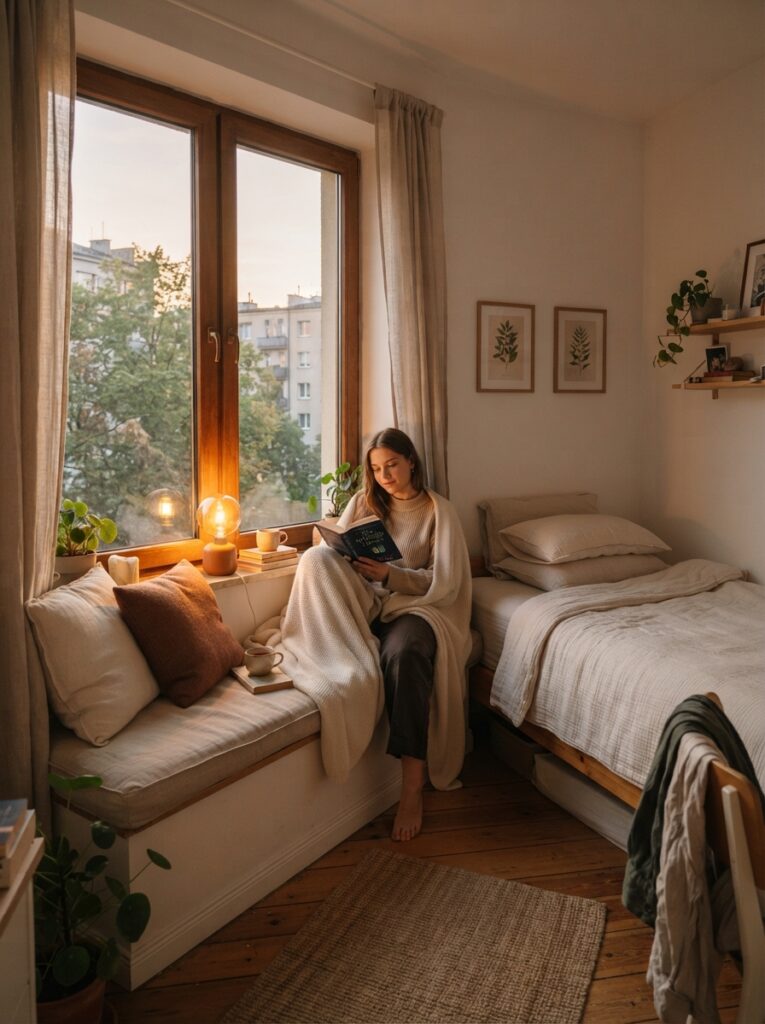 Tiny minimalist bedroom with cozy reading corner near window, warm lamp glow, soft neutral textures, realistic apartment atmosphere, Pinterest-worthy ultra realistic photography