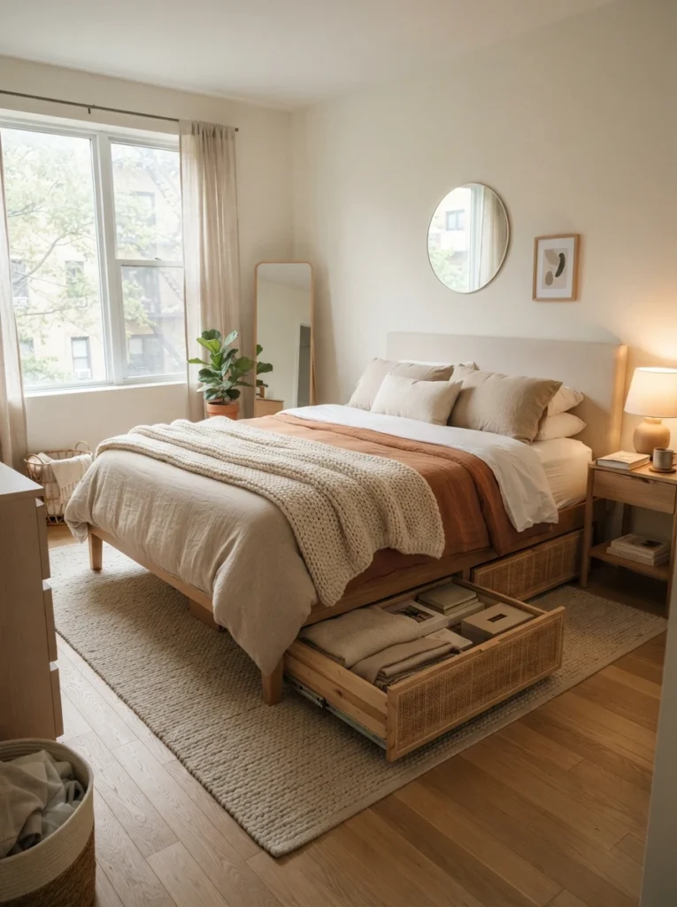 Cozy minimalist bedroom with partially filled under-bed storage system, warm layered bedding, soft natural daylight, realistic apartment proportions, visually calm organization setup, Pinterest-style ultra realistic photography