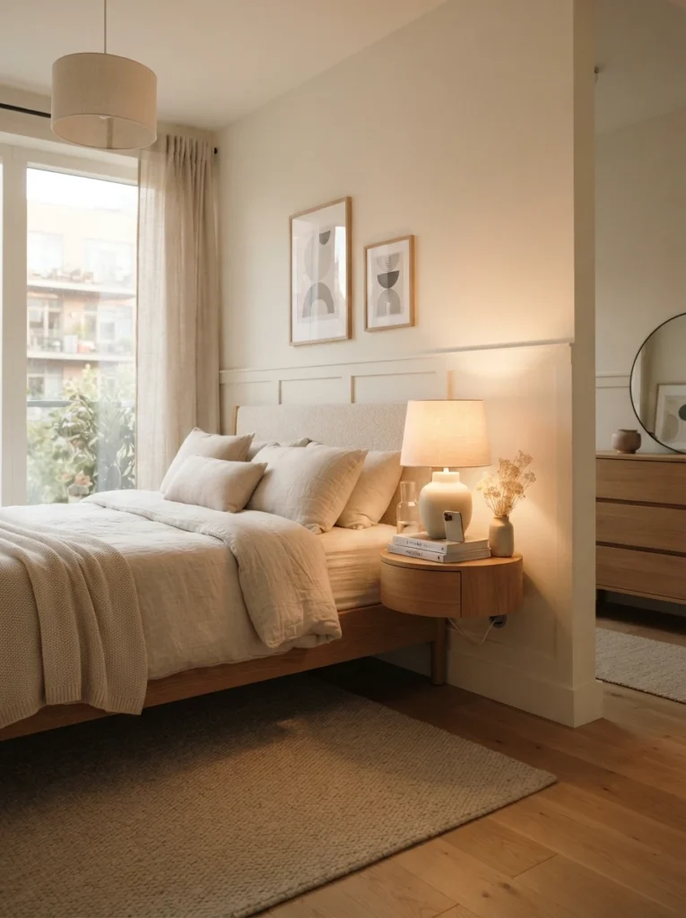 Minimalist bedroom with hidden cable management and clean bedside setup, warm ambient lighting, cozy neutral decor, realistic apartment proportions, ultra realistic Pinterest bedroom photography