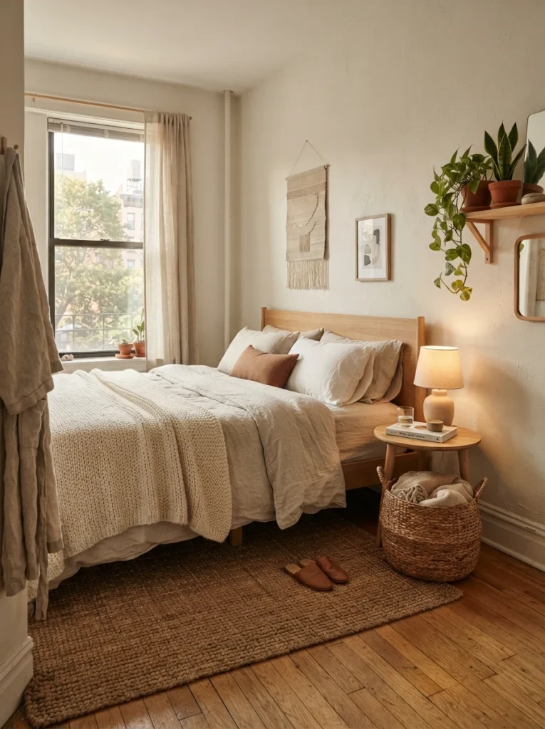 Cozy minimalist bedroom with layered linen textures, woven basket accents, soft knit blanket, warm neutral lighting, realistic apartment atmosphere, ultra realistic Pinterest interior photography