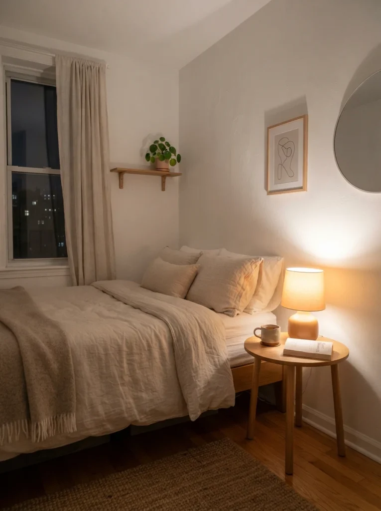 Tiny minimalist bedroom with simple uncluttered nightstand, warm bedside lamp glow, soft neutral bedding, realistic apartment layout, calming cozy atmosphere, Pinterest-style ultra realistic photography