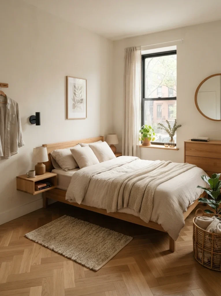 Ultra realistic minimalist small bedroom with few carefully chosen furniture pieces, warm oak textures, soft beige bedding, realistic apartment proportions, cozy calming atmosphere, Pinterest-style interior photography