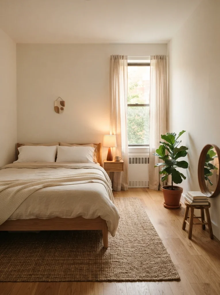 Warm minimalist small bedroom with intentional empty space, cozy textures, soft lighting, realistic apartment layout, uncluttered surfaces, calming atmosphere, visually balanced Pinterest interior photography