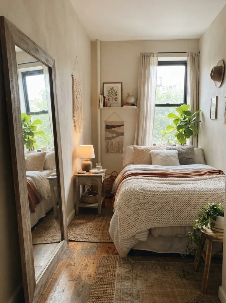 Narrow apartment bedroom with large standing mirror reflecting natural daylight, cozy neutral decor, realistic compact proportions, visually expanded atmosphere, warm soft textures, ultra realistic Pinterest bedroom photography