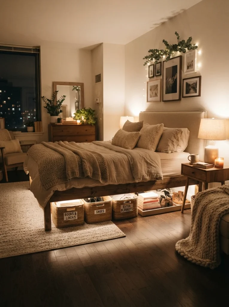 Warm cozy bedroom with soft ambient lighting highlighting organized under-bed storage, layered neutral decor, calming nighttime apartment atmosphere, ultra realistic Pinterest interior photography