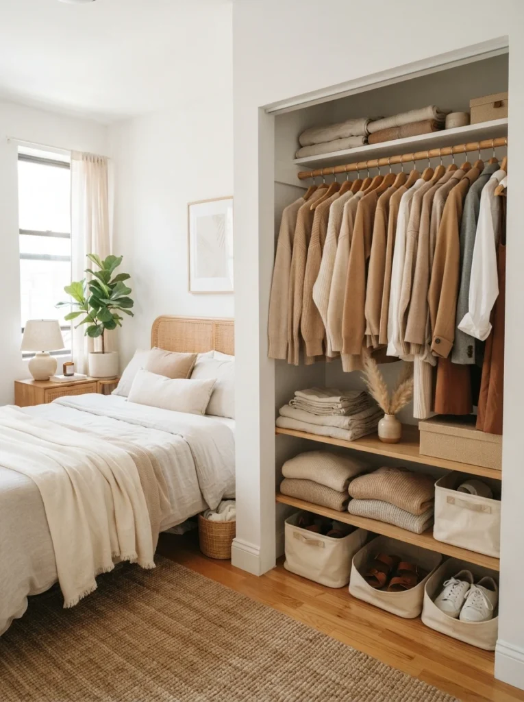 Small apartment bedroom with compact floating desk setup, soft warm lighting, cozy renter-friendly decor, realistic multi-functional layout, calm relaxing atmosphere, ultra realistic Pinterest home office photography