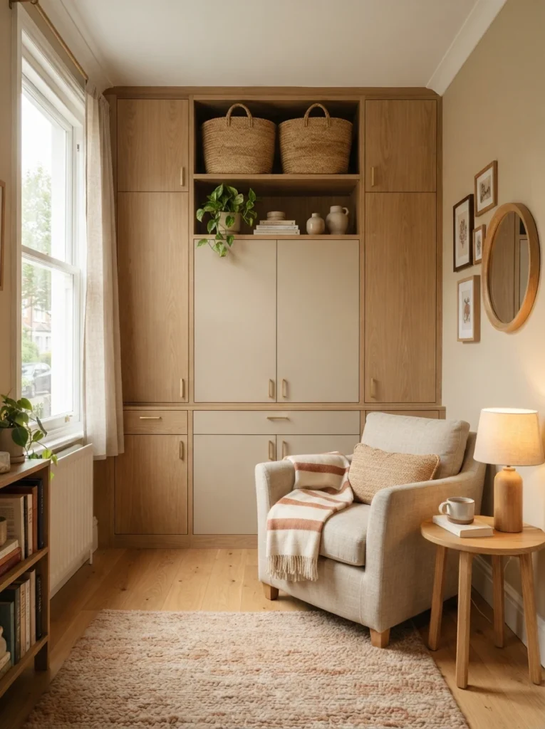 Small cozy room with soft closed storage cabinets and woven baskets, warm beige and oak tones, realistic apartment proportions, visually calm organization setup, Pinterest-worthy ultra realistic photography