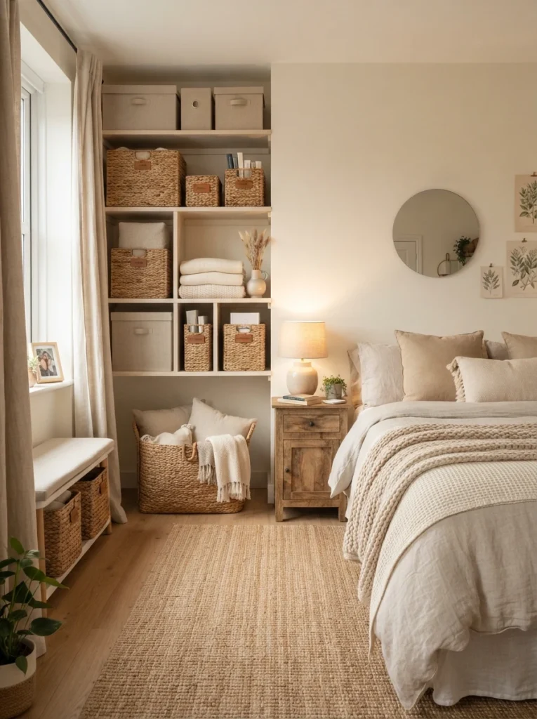 Cozy small room with matching storage containers and baskets, warm neutral textures, soft natural lighting, organized calming atmosphere, realistic apartment styling, Pinterest-style ultra realistic photography