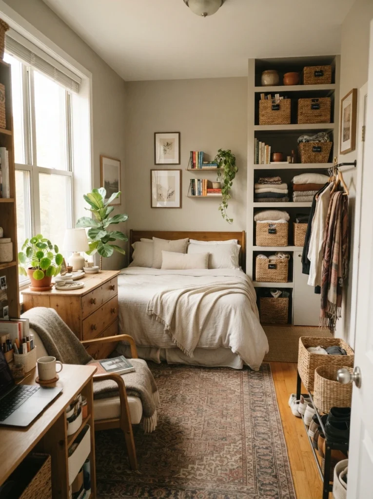 Tiny apartment room with slim vertical corner shelving, warm wood textures, soft neutral decor, realistic small-space organization setup, cozy calming atmosphere, ultra realistic Pinterest interior photography