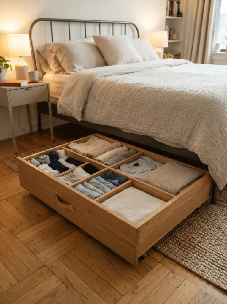 Organized under-bed storage drawer with neat dividers and folded essentials, cozy renter-friendly bedroom, warm soft lighting, realistic apartment proportions, ultra realistic Pinterest organization photography