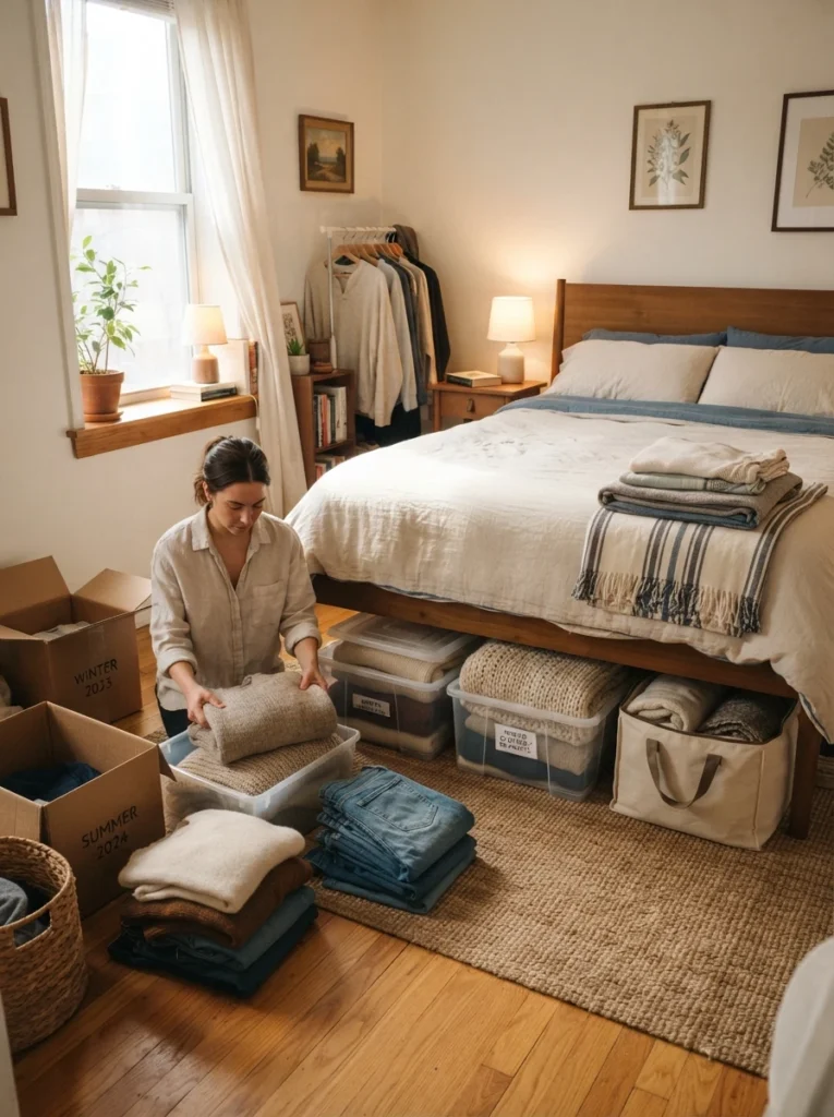 Small cozy bedroom during seasonal storage rotation, organized under-bed containers, folded blankets and clothing, warm daylight, realistic apartment atmosphere, Pinterest-style ultra realistic photography