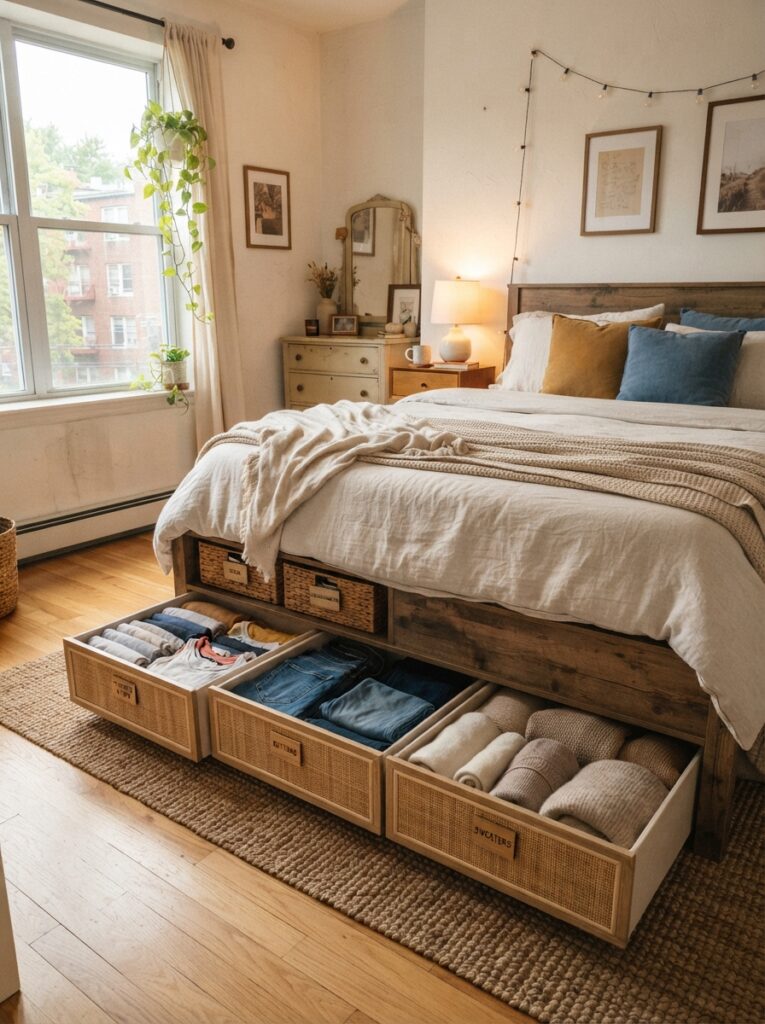 Cozy renter-friendly bedroom with neatly categorized under-bed storage drawers, folded clothes and labeled bins, warm natural lighting, realistic apartment atmosphere, visually calm organization setup, ultra realistic Pinterest photography