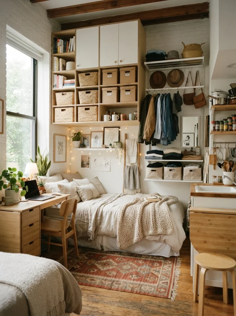 Tiny apartment room with practical easy-access organization setup, warm realistic decor, soft daylight, cozy compact layout, functional small-space storage system, ultra realistic Pinterest home photography