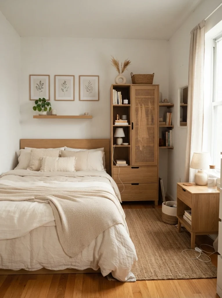 Tiny renter-friendly bedroom with tall slim storage cabinet, warm oak textures, cozy neutral bedding, realistic apartment layout, soft natural lighting, visually open atmosphere, ultra realistic Pinterest interior photography
