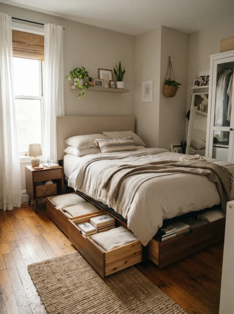 Cozy tiny apartment bedroom with soft morning sunlight reaching bed, warm cream bedding, realistic renter-friendly layout, airy calming atmosphere, Pinterest-style ultra realistic interior photography
