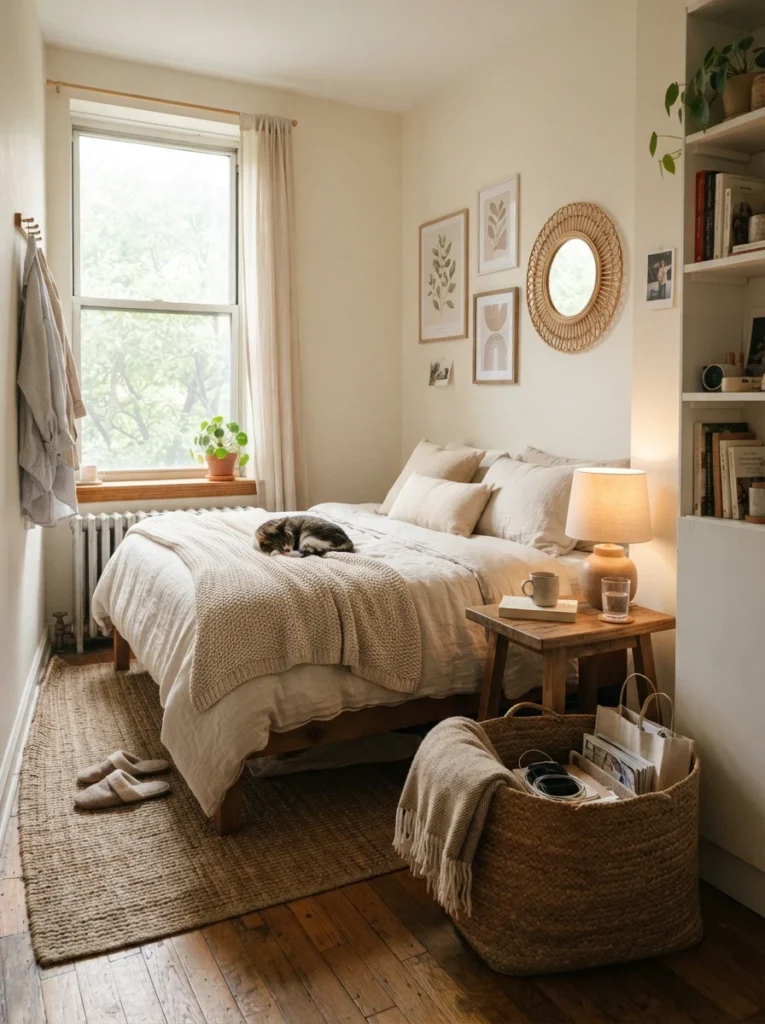 Ultra realistic small apartment bedroom with woven basket for everyday clutter, warm neutral decor, soft natural lighting, realistic lived-in atmosphere, calming organized small-space design, Pinterest-style interior photography