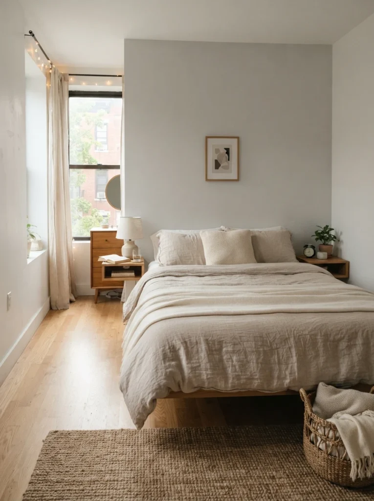 Small awkward apartment bedroom with bed slightly floated away from wall, slim floating nightstands, warm neutral bedding, realistic narrow walking space, soft natural daylight, cozy balanced layout, ultra realistic Pinterest interior photography