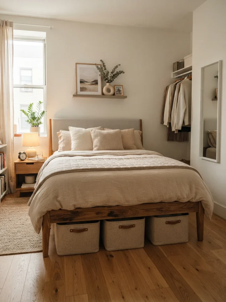 Ultra realistic small apartment bedroom with matching fabric under-bed storage bins, warm beige bedding, soft oak flooring, cozy neutral decor, realistic compact layout, calm organized atmosphere, Pinterest-style interior photography