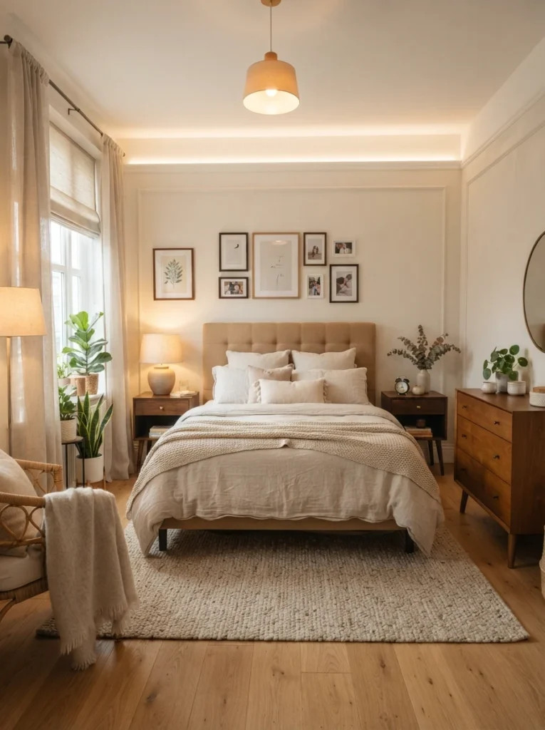 Ultra realistic small apartment bedroom with centered bed layout and balanced furniture placement, warm neutral decor, soft layered lighting, cozy calming atmosphere, Pinterest-style interior photography