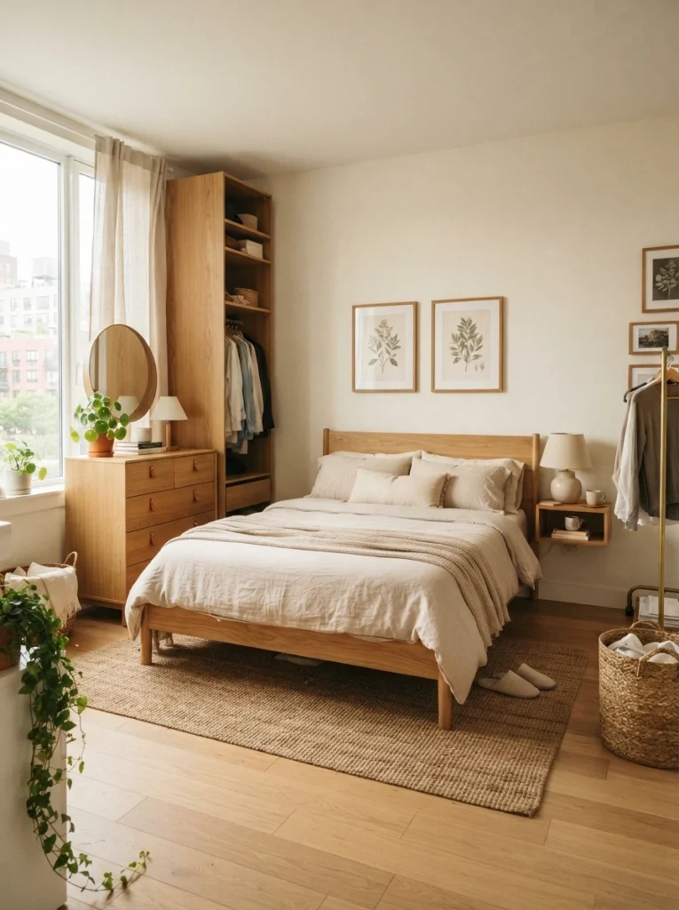 Small apartment bedroom with tall furniture grouped on one wall, open airy layout, warm oak textures, soft beige bedding, realistic compact proportions, visually balanced atmosphere, Pinterest-style ultra realistic photography