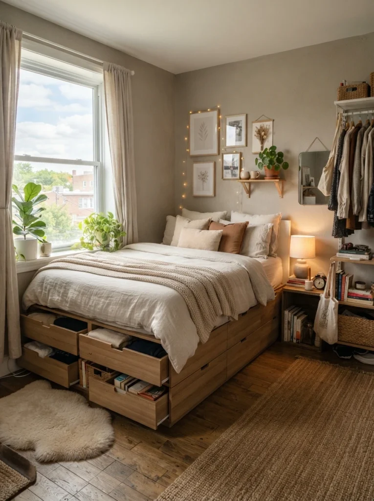 Ultra realistic small apartment bedroom with built-in storage bed drawers, warm neutral bedding, cozy compact layout, soft natural lighting, realistic renter-friendly atmosphere, Pinterest-style interior photography