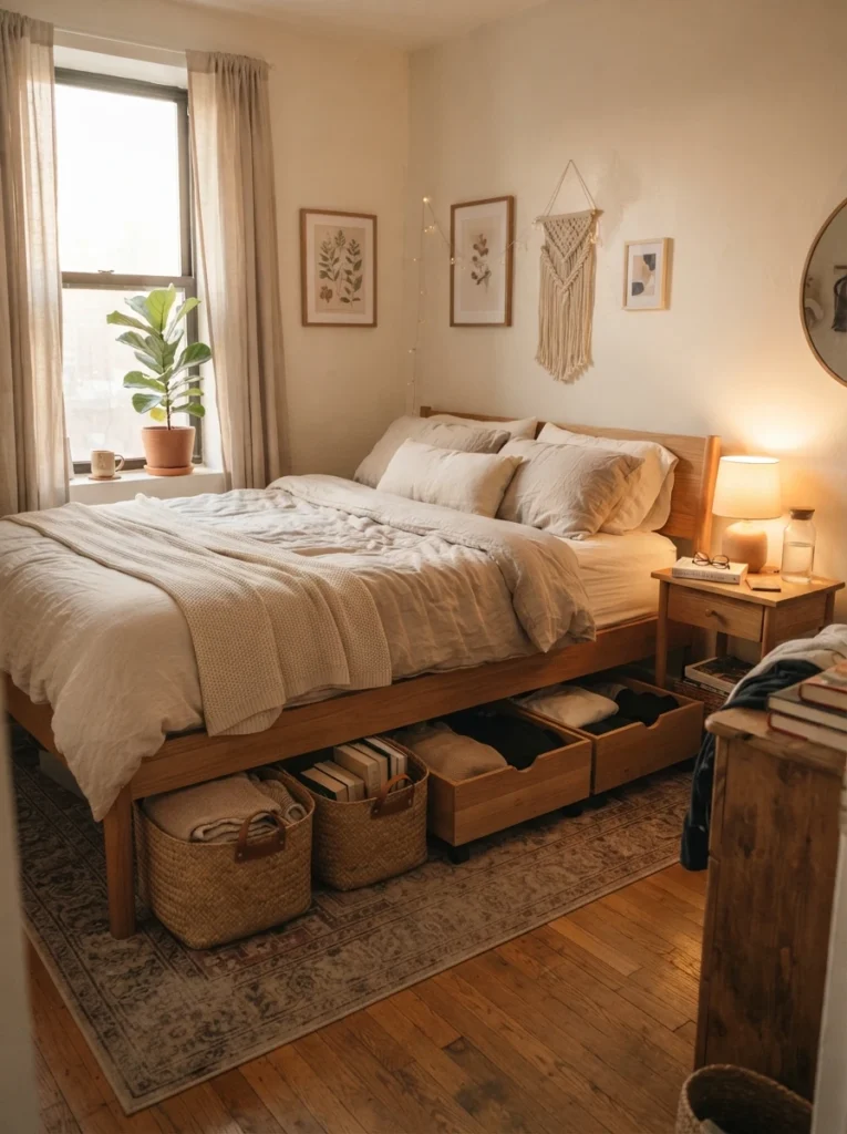 Realistic small apartment bedroom with simple maintainable under-bed storage system, cozy neutral atmosphere, practical organization details, warm soft lighting, lived-in calming environment, Pinterest-worthy ultra realistic photography