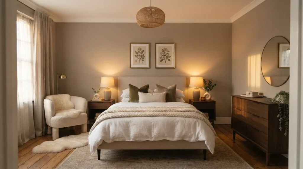 Tiny cozy luxury bedroom with soft morning sunlight reaching the bed, warm layered bedding, realistic apartment atmosphere, calming elegant mood