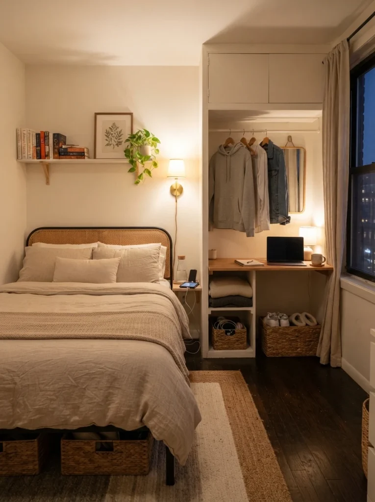 Ultra realistic small bedroom designed around realistic daily routines and clutter reduction, warm layered lighting, practical cozy layout, Pinterest-style interior photography