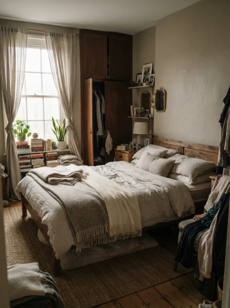 Small bedroom with furniture blocking natural light near window, cramped apartment atmosphere, soft neutral decor, realistic visual heaviness, Pinterest-style ultra realistic photography