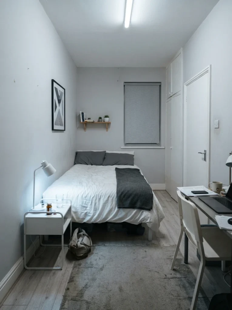 Small bedroom with harsh cool white lighting, sterile apartment atmosphere, visually cold environment, realistic cramped feeling, ultra realistic Pinterest bedroom photography