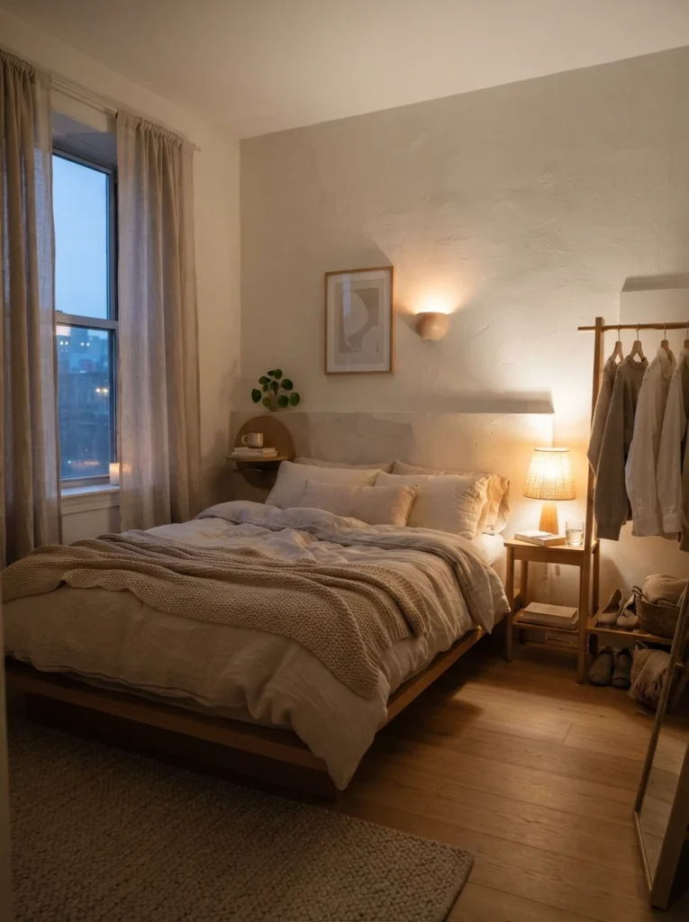 Minimalist small bedroom with warm ambient lighting, soft evening shadows, layered neutral textures, realistic compact apartment atmosphere, Pinterest-style ultra realistic photography