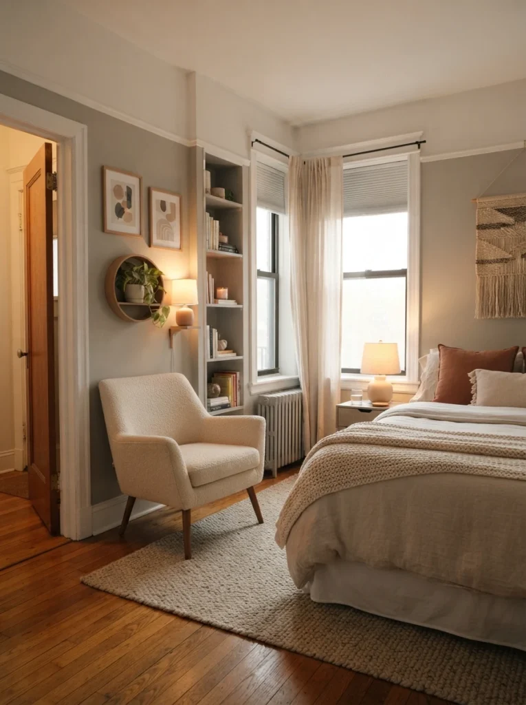Tiny multi-functional bedroom with layered rugs defining separate zones, cozy neutral textures, warm lighting, realistic apartment proportions, visually organized layout, Pinterest-style ultra realistic home photography