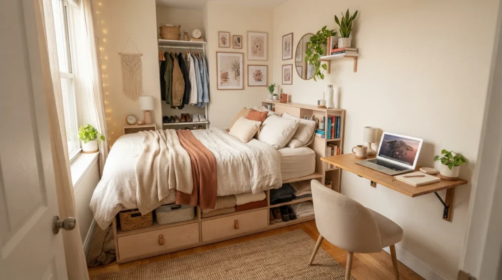 Ultra realistic tiny renter-friendly bedroom with multifunctional storage bed and foldable desk, warm neutral decor, compact apartment layout, soft natural daylight, cozy layered textures, practical small-space design, Pinterest-style interior photography