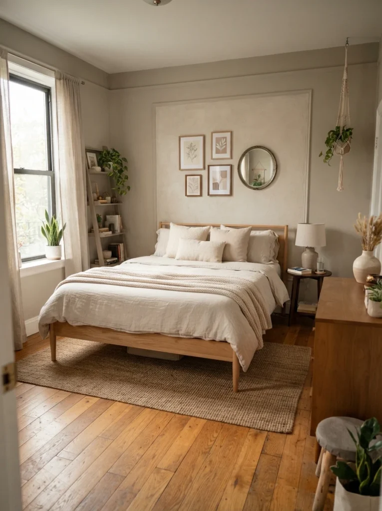 Ultra realistic small bedroom with slim-legged bed frame and visible flooring, warm neutral decor, cozy apartment atmosphere, realistic compact layout, Pinterest-style interior photography