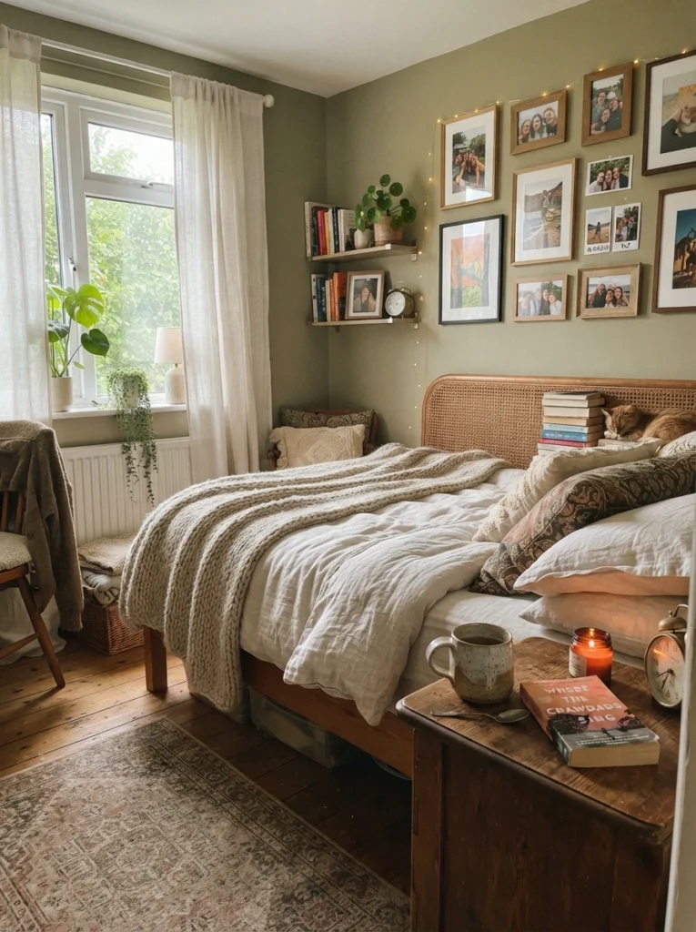 Warm realistic small bedroom with personal decor touches, framed photos, books, ceramic mug on bedside table, cozy linen textures, soft natural lighting, calm lived-in atmosphere, Pinterest-style ultra realistic photography