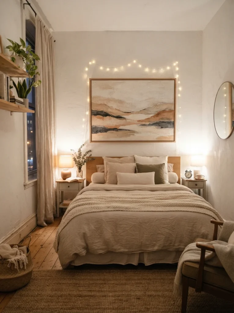 Cozy small bedroom with calming visual focal point above bed, warm ambient lighting, layered neutral textures, realistic apartment proportions, ultra realistic Pinterest photography