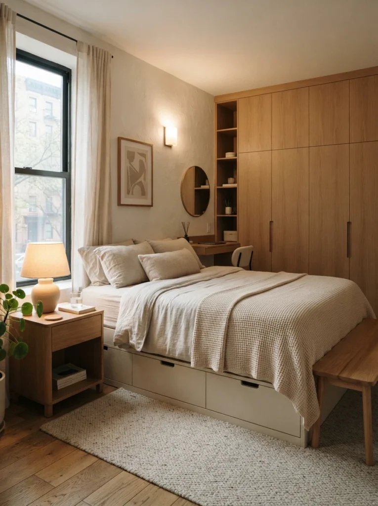 Ultra realistic small bedroom with hidden storage and visually calm surfaces, warm neutral decor, soft ambient lighting, realistic apartment atmosphere, Pinterest-style interior photography