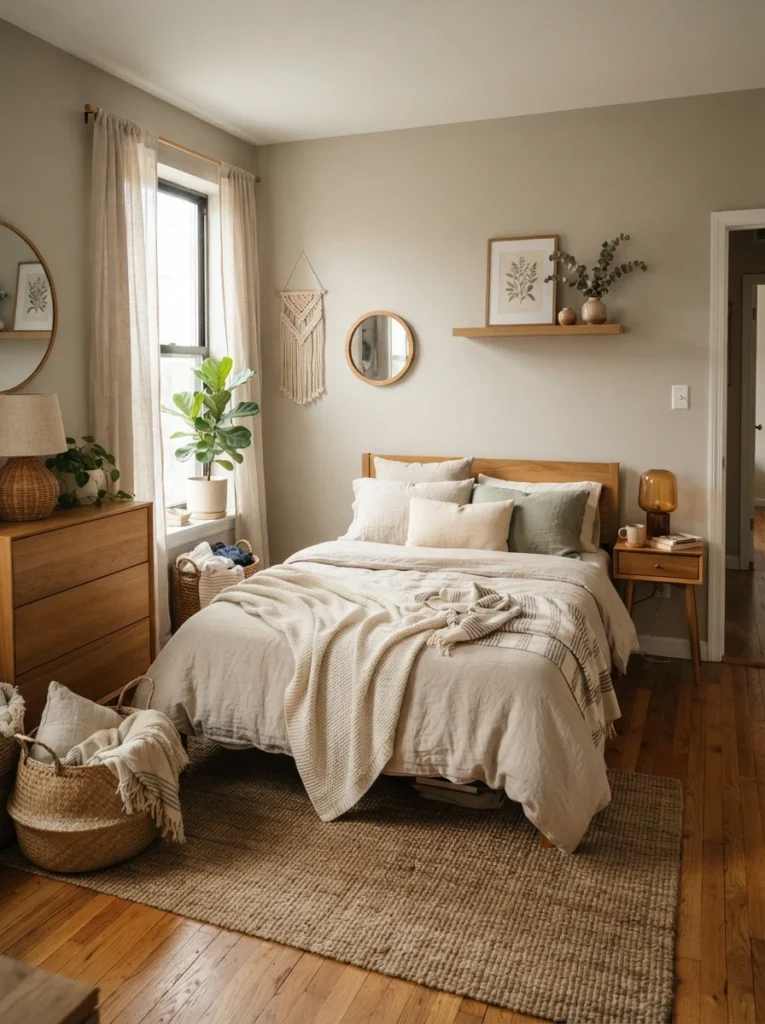 Ultra realistic small bedroom with layered linen textures, woven baskets, soft knit blanket, warm oak furniture, cozy neutral atmosphere, realistic apartment proportions, Pinterest-style interior photography