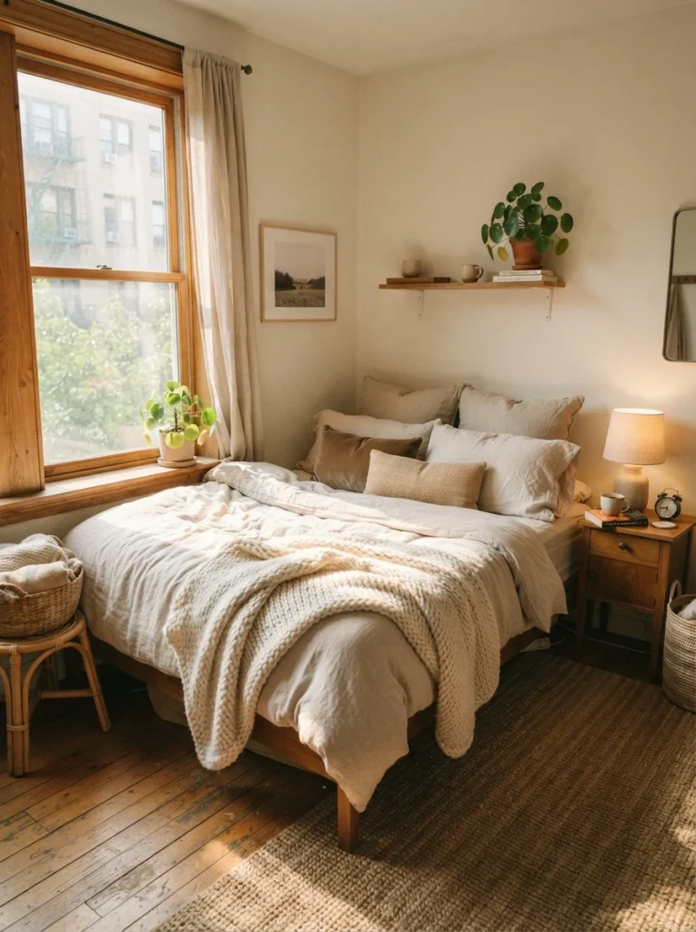 Ultra realistic Pinterest-style small bedroom with layered neutral linen bedding, oversized pillows, soft knit blanket, warm morning sunlight, cozy calming atmosphere, realistic apartment proportions
