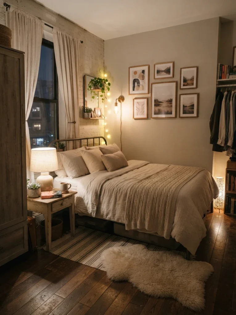 Ultra realistic small bedroom with multiple layered light sources, warm ambient glow, cozy neutral bedding, realistic apartment proportions, visually rich calming atmosphere, Pinterest-style interior photography