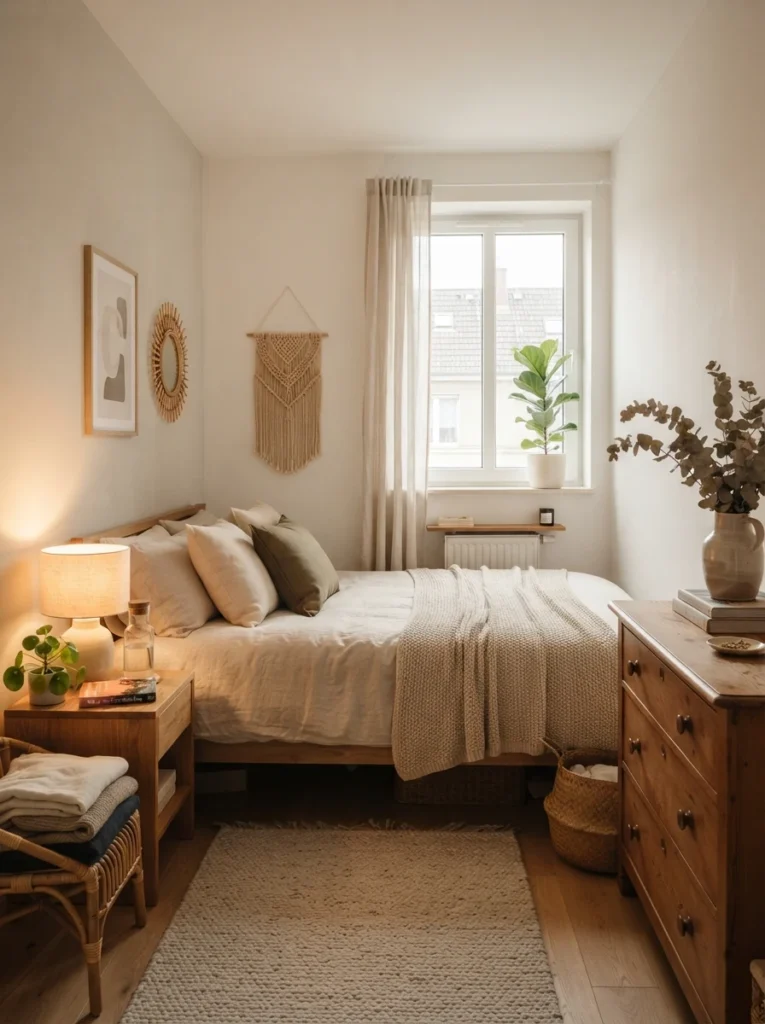 Cozy small bedroom with softly styled clean surfaces, warm neutral decor, realistic apartment proportions, calming balanced atmosphere, Pinterest-style ultra realistic photography